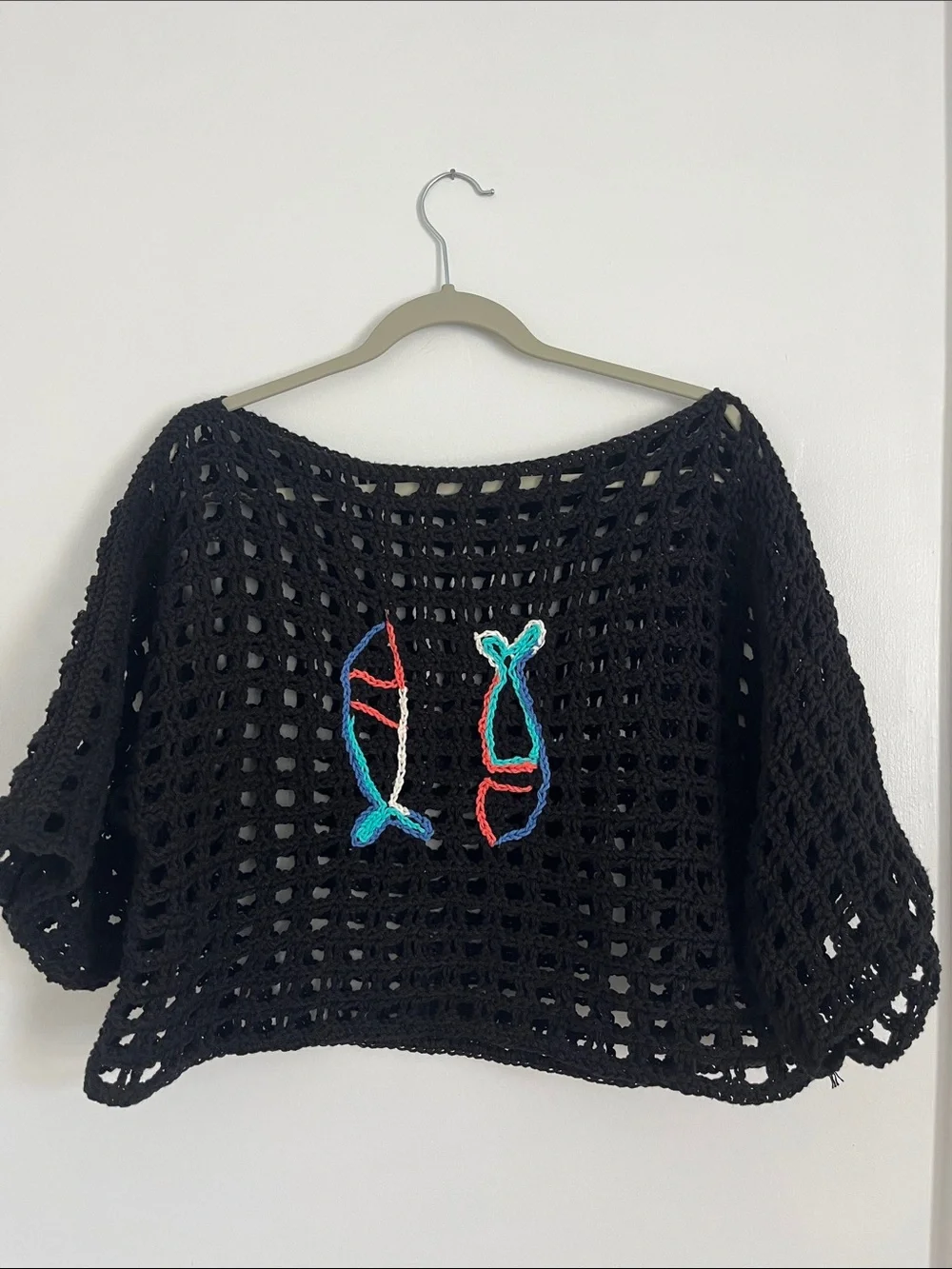 Handmade Black Crochet boxy tee with Colorful Fish Embroidery
